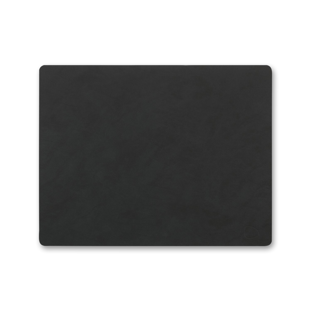 A black square recycled leather LIND DNA Square Dinner Mat on a white background, perfect for table setting.