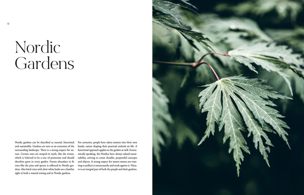 A magazine spread with a leaf and the words COZY NORDIC GARDEN DESIGN.