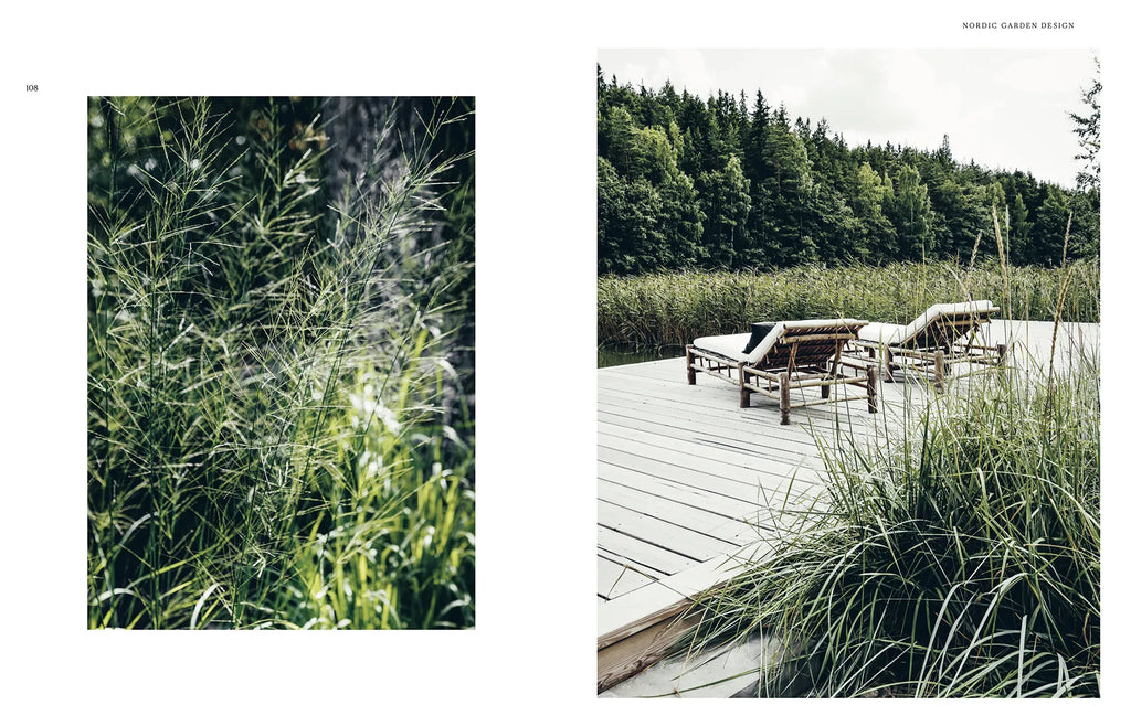 A photo of a NORDIC GARDEN DESIGN wooden deck with COZY chairs and grass.