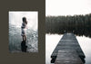 A woman is standing on a dock in front of a lake, wearing the SAUNA by COZY.