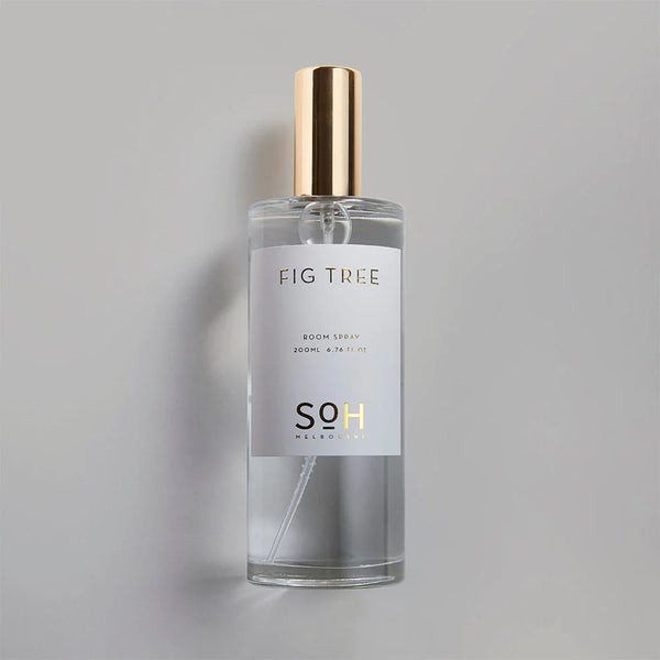 A bottle of SOH MELBOURNE FIG TREE ROOM SPRAY on a white background.