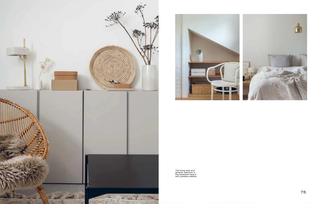A magazine spread showing a room with white furniture and a COZY rattan chair.