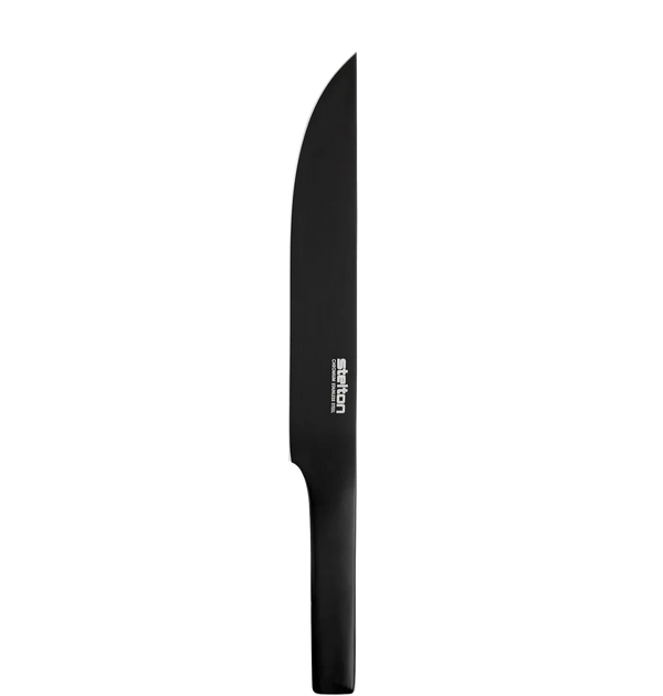 A PURE BLACK CARVING KNIFE by STELTON on a black background.