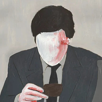 A painting of a man holding a cup of coffee.