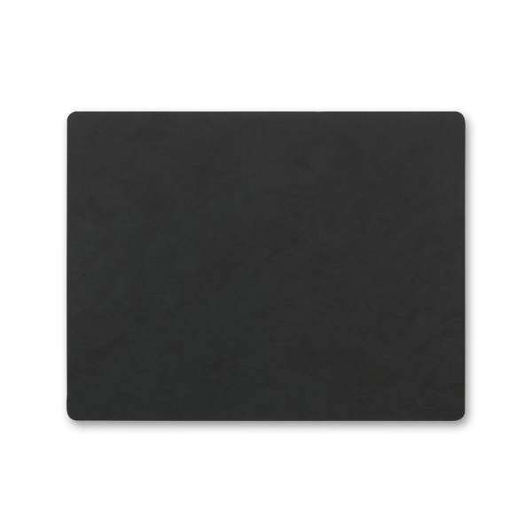 A black square recycled leather LIND DNA Square Dinner Mat on a white background, perfect for table setting.