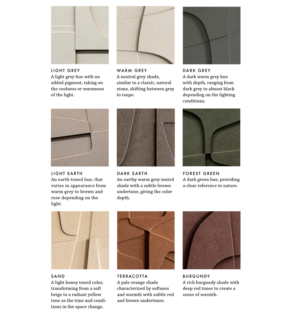 A brochure showcasing limited edition concrete types, including Atelier Plateau Wall Relief designs, with a focus on dimensions, featuring the PLATEAU 07:23AM RELIEF by ATELIER PLATEAU.