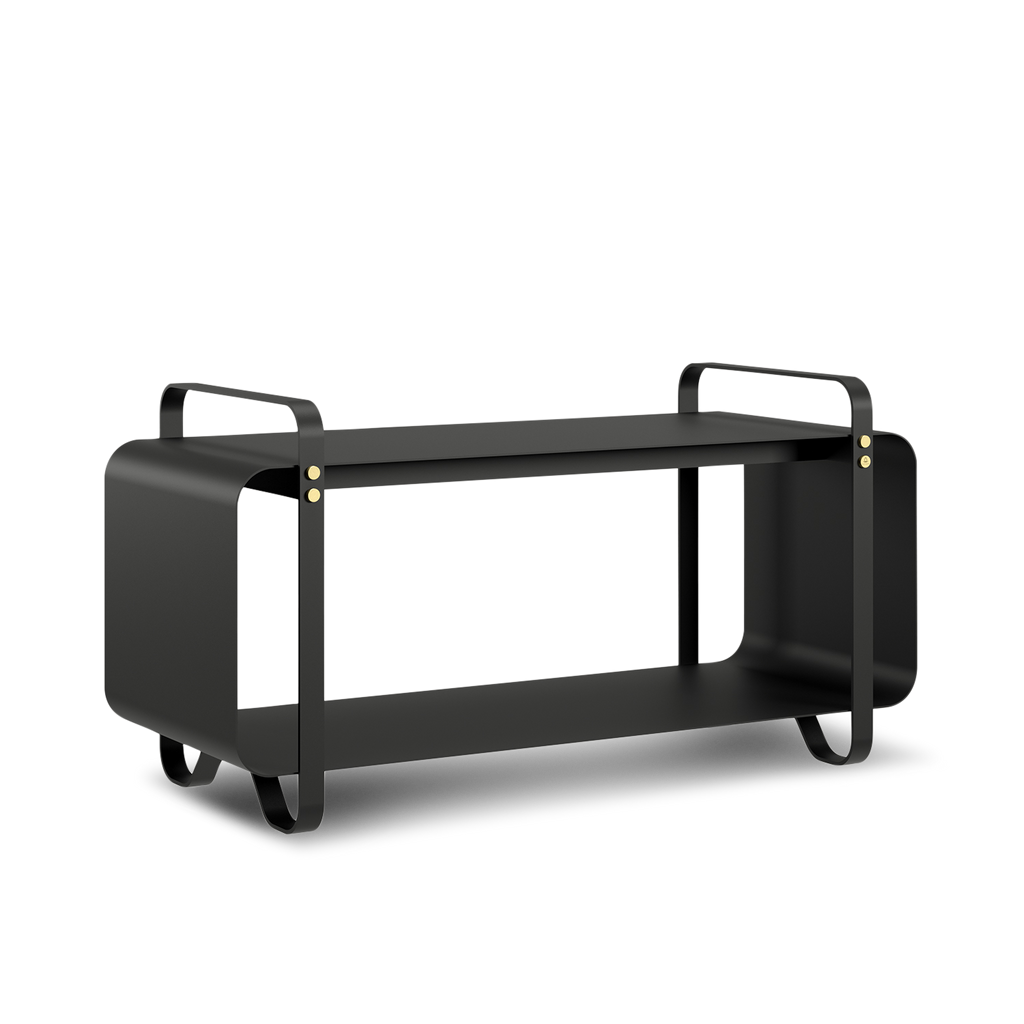A black NINNE WOOD BENCH coffee table with wheels and a shelf by ELDVARM.
