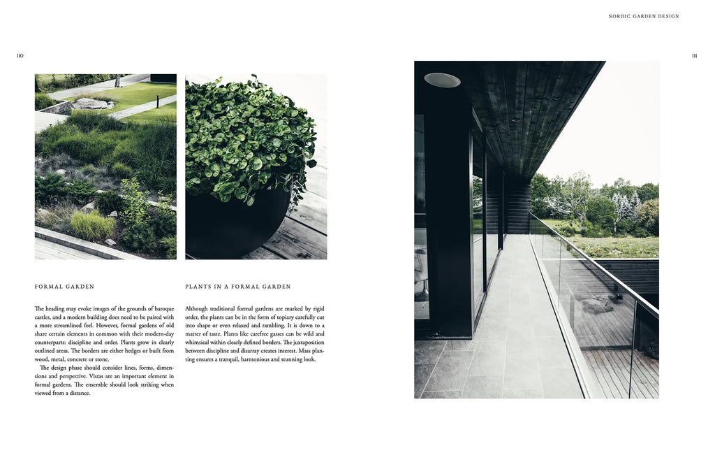 A black and white spread of COZY magazine with a view of NORDIC GARDEN DESIGN.