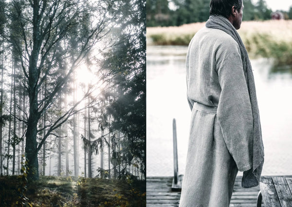 Two pictures of a man standing on a dock in the woods featuring the COZY SAUNA.