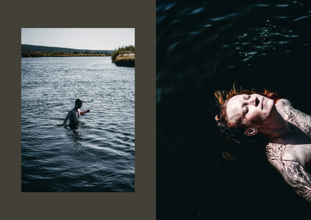 Two pictures of a woman swimming in the COZY SAUNA.