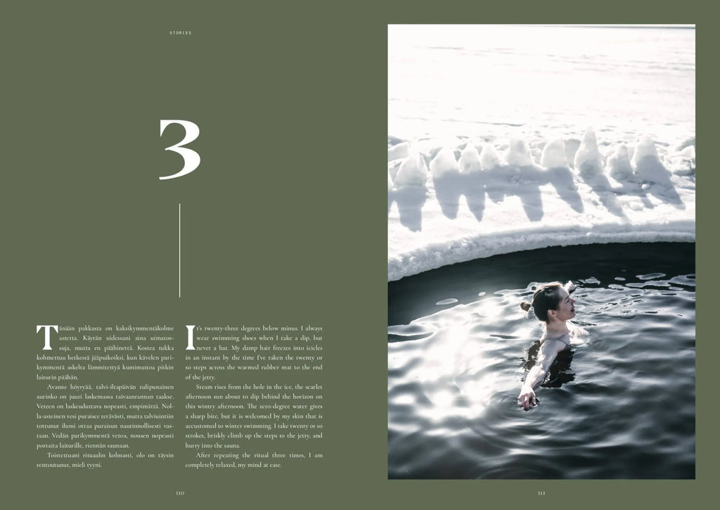 A COZY SAUNA magazine spread with a woman swimming in a pool.