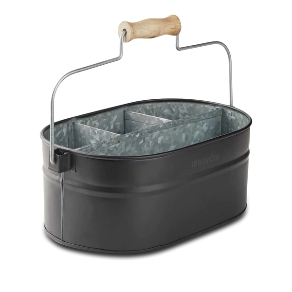 A black SYSTEM BUCKET, ideal for cleaning products or as a picnic basket, featuring a wooden handle.