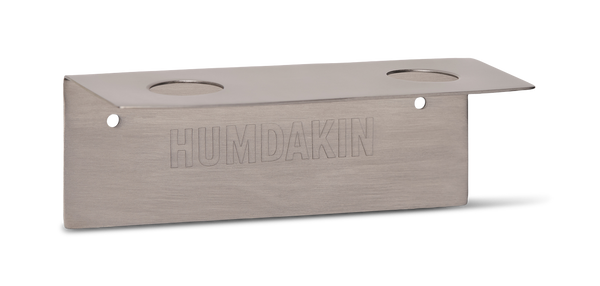 A stainless steel plate with the word Humdakin Bottle Hanger Double on it, perfect for use as a soap hanger or Humdakin Bottle Hanger Double.