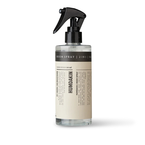 A spray bottle with a black cap on a white background for the Humdakin ROOM SPRAY CHAMOMILE + SEA BUCKTHORN.