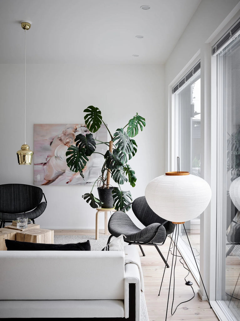A black and white living room with a COZY HAPPY HOMES WHITE WALLS plant.