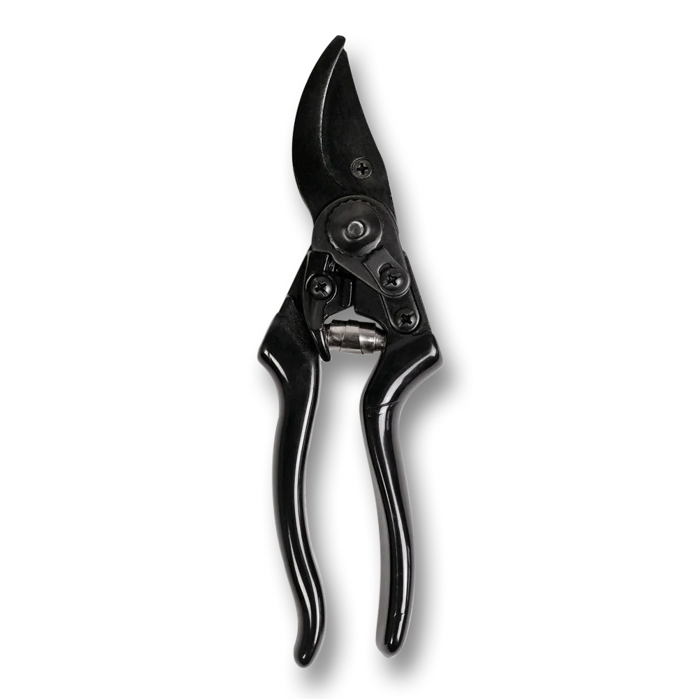 A pair of black BY BENSON Secateurs on a white background, known for their precision of cut and user comfort.
