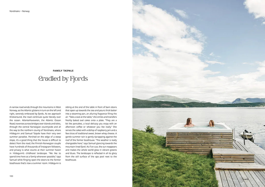 A spread from a magazine showing two people in an OUTDOOR CHIC hot tub on a dock, made by COZY.