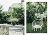 Two photos of an OUTDOOR CHIC white swing chair and table in a garden by COZY.