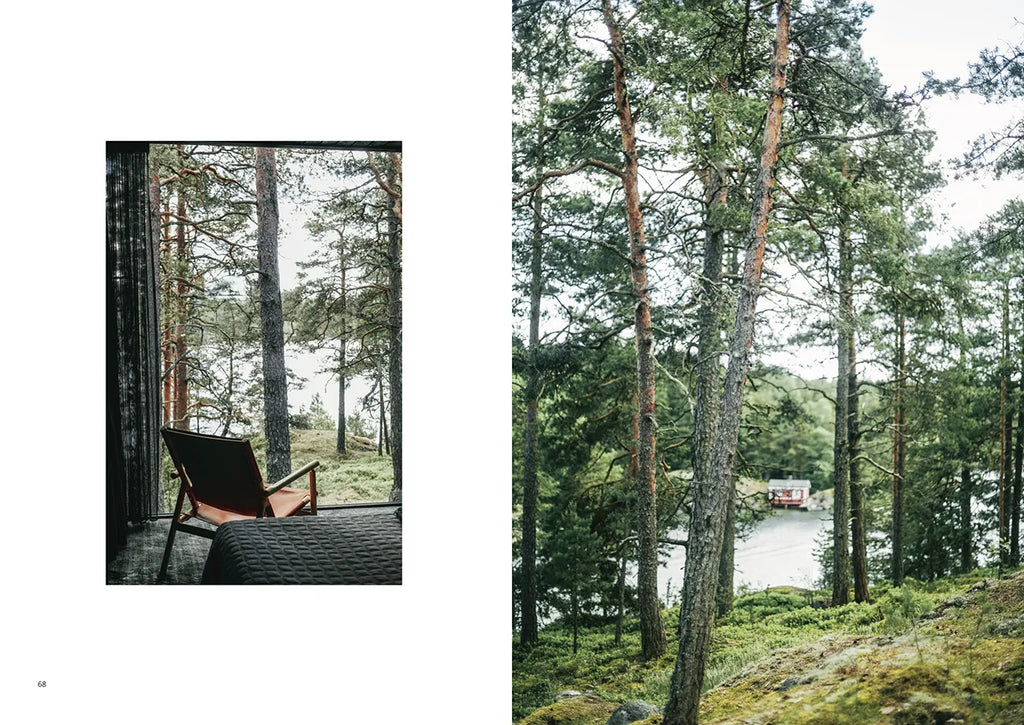 Two pages of a magazine with OUTDOOR CHIC chair in the woods and a view of a lake by COZY.