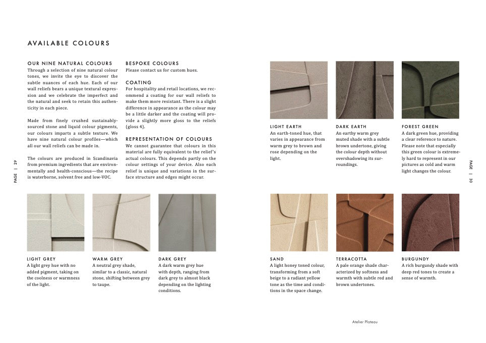 A brochure showcasing the vibrant hues of the ATELIER PLATEAU 07:23AM RELIEF exterior, inspired by Gestalt Haus.