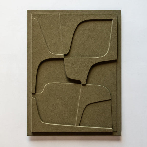 A limited edition piece of Atelier Plateau PLATEAU 07:23AM Wall Relief, featuring geometric shapes on a green paper.