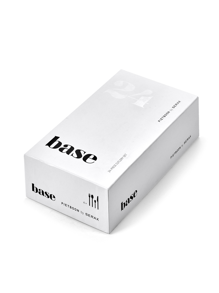 A white box with the word BASE FLATWARE BY PIET BOON on it, sold by SERAX.