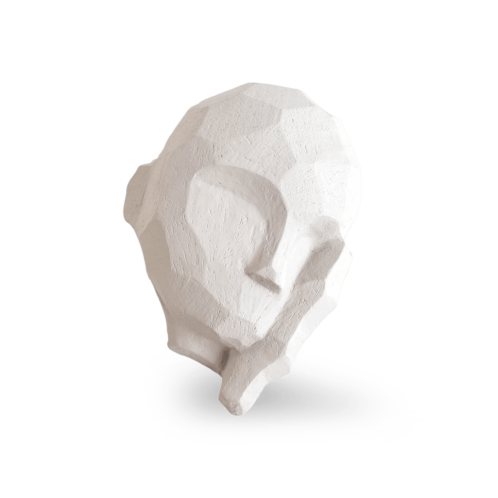 A white head DREAMER SCULPTURE by COOEE of a head on a black background.