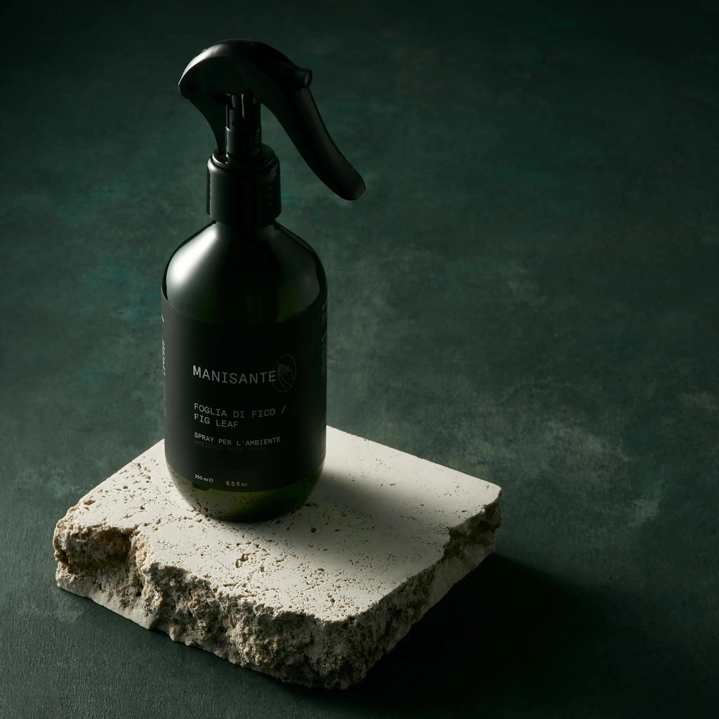A bottle of Manisante FIG LEAF AMBIENCE MIST with a black cap sits atop a stone at Gestalt Haus.