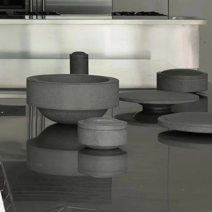 A LOUISE ROE GALLERY OBJECT CAKE STAND on a table in a Gestalt Haus kitchen.