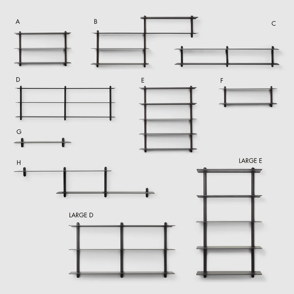 A series of different types of NIVO SHELF E shelves with different sizes by GEJST, inspired by the principles of Gestalt Haus.