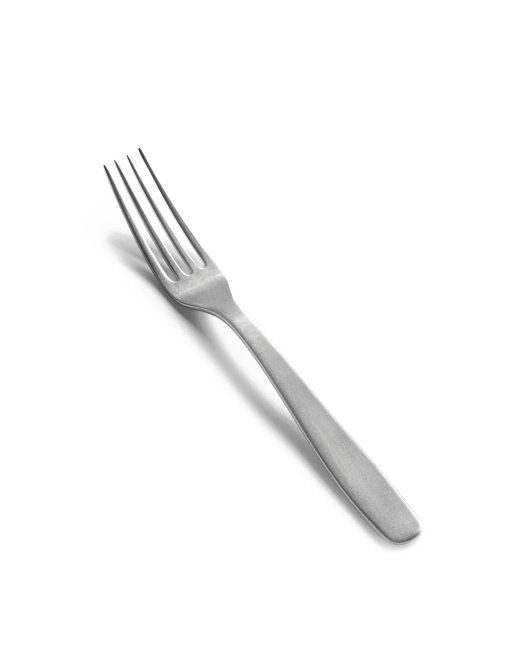 A Gestalt Haus flatware fork by Vincent Van Duysen on a black background.