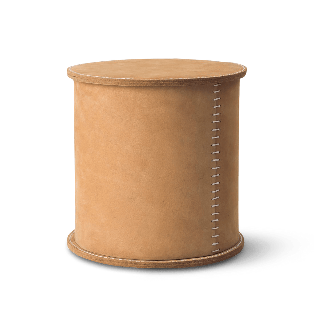 A STITCHED LEATHER BOX stool by KRISTINA DAM STUDIO in a Gestalt Haus.