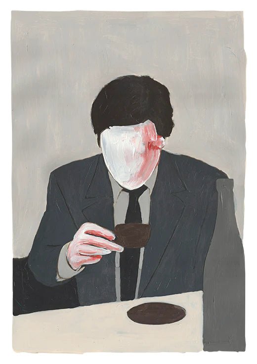 A painting of a man in a suit sitting at a table from the "Taking a Break Series 'After Dinner'" by Can Family at Gestalt Haus.