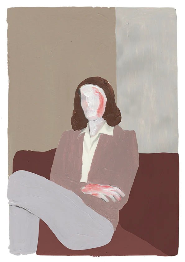 A TAKING A BREAK SERIES "DOROTHY" painting of a woman sitting on a couch by CAN FAMILY, inspired by Gestalt Haus.