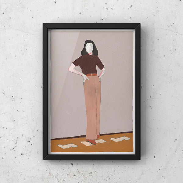 A framed print of a woman standing on the floor from the "TAKE A STAND" series by CAN FAMILY exhibited at Gestalt Haus.