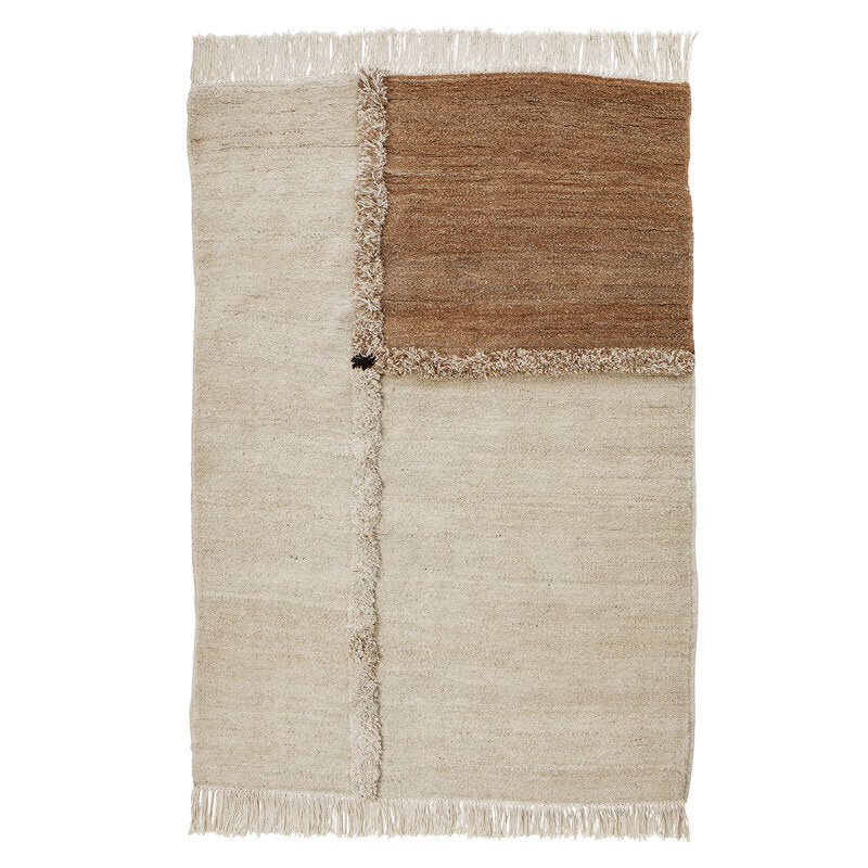 A beige and brown E-1027 RUG with fringes by SERA HELSINKI inspired by Gestalt Haus.