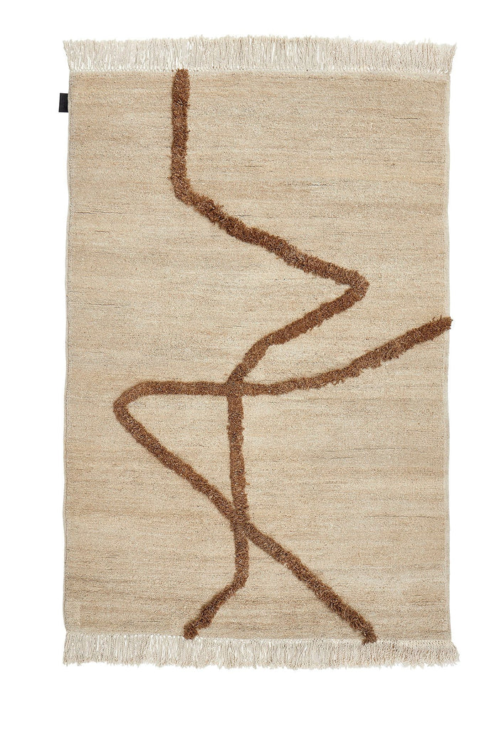 A beige Vuoristo rug with brown lines on it by Sera Helsinki, available at Gestalt Haus.