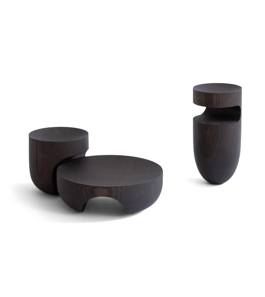 A set of VOID SCULPTURES coffee tables with an ORIGIN MADE black base, available at Gestalt Haus.