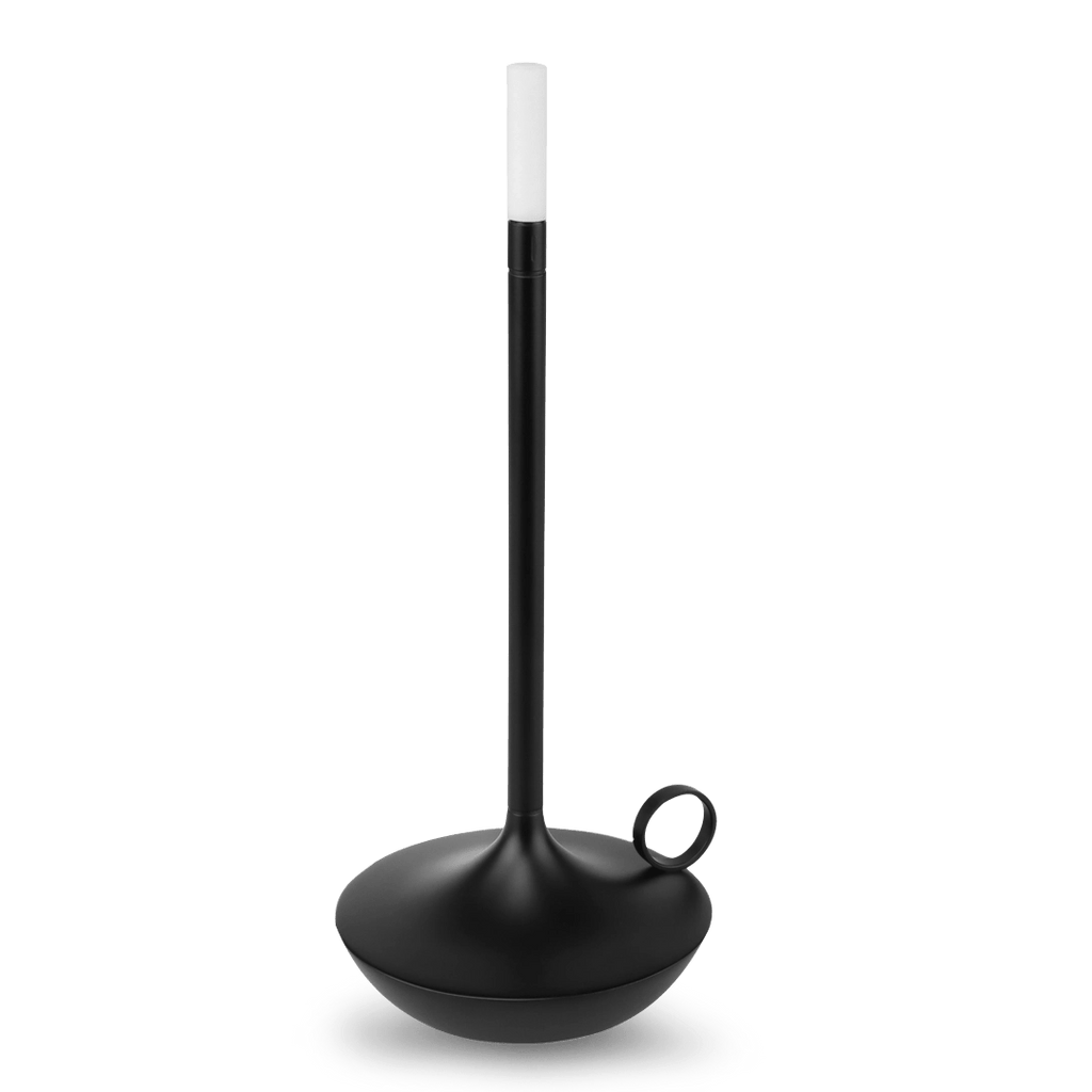 A black WICK PORTABLE LAMP with a light on top by GRAYPANTS, inspired by the Gestalt Haus design.
