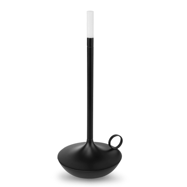 A black WICK PORTABLE LAMP with a light on top by GRAYPANTS, inspired by the Gestalt Haus design.