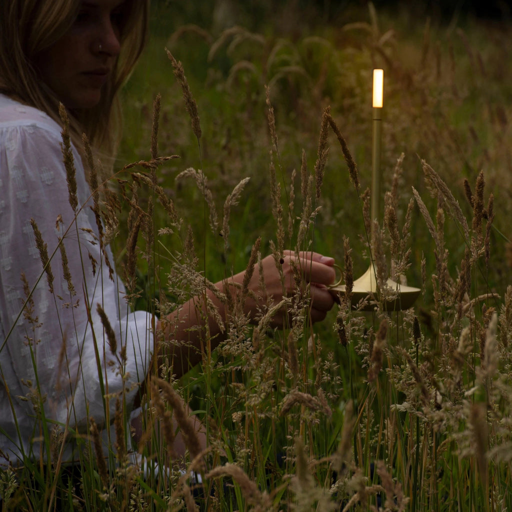 A woman in a field holding a portable lamp.